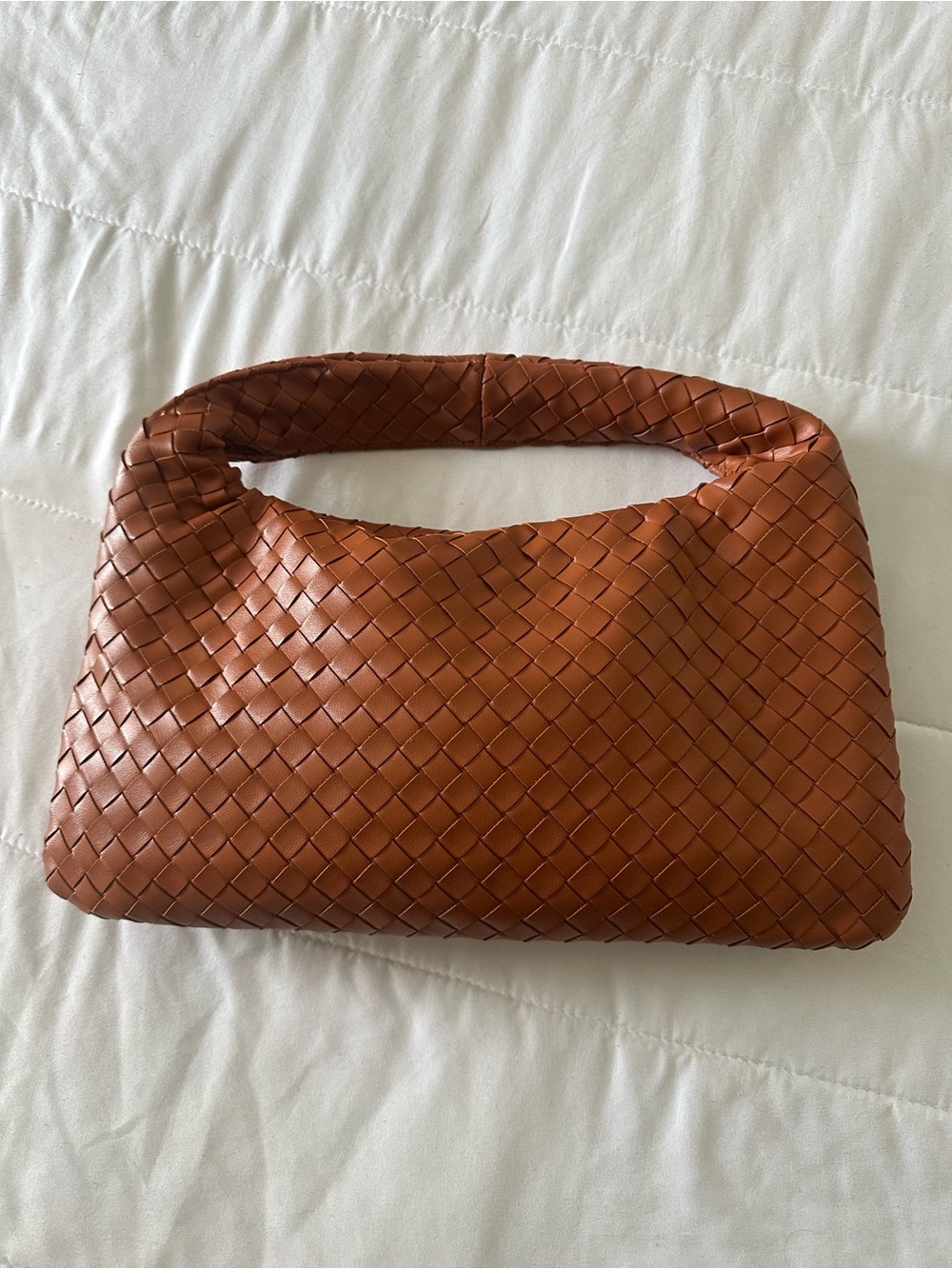 Woven Leather Shoulder Bag in Cognac Brown